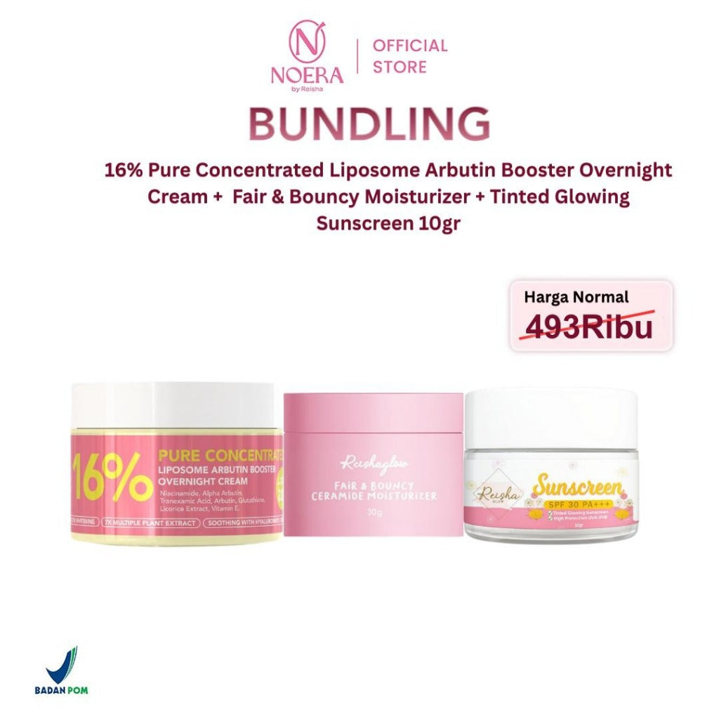 Noera Bundling Night Cream | Moisturizer Bouncy | Tinted Sunscreen 10 Gram | 16% Pure Concentrated Liposome Arbutin Booster Overnight Cream | Krim Malam | Niacinamide | Alpha Arbutin