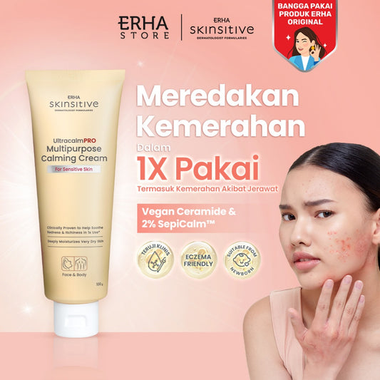 ERHA Skinsitive UltracalmPRO Multipurpose Calming Cream 100gr | Krim Multifungsi Untuk Semua Jenis Kulit (Normal, Kering, Sensitif, Iritasi) | Meredakan Gatal dan Kemerahan, Sunburn | Meredakan Eksim | Mencegah Stretchmark | Aman untuk Anak 3+