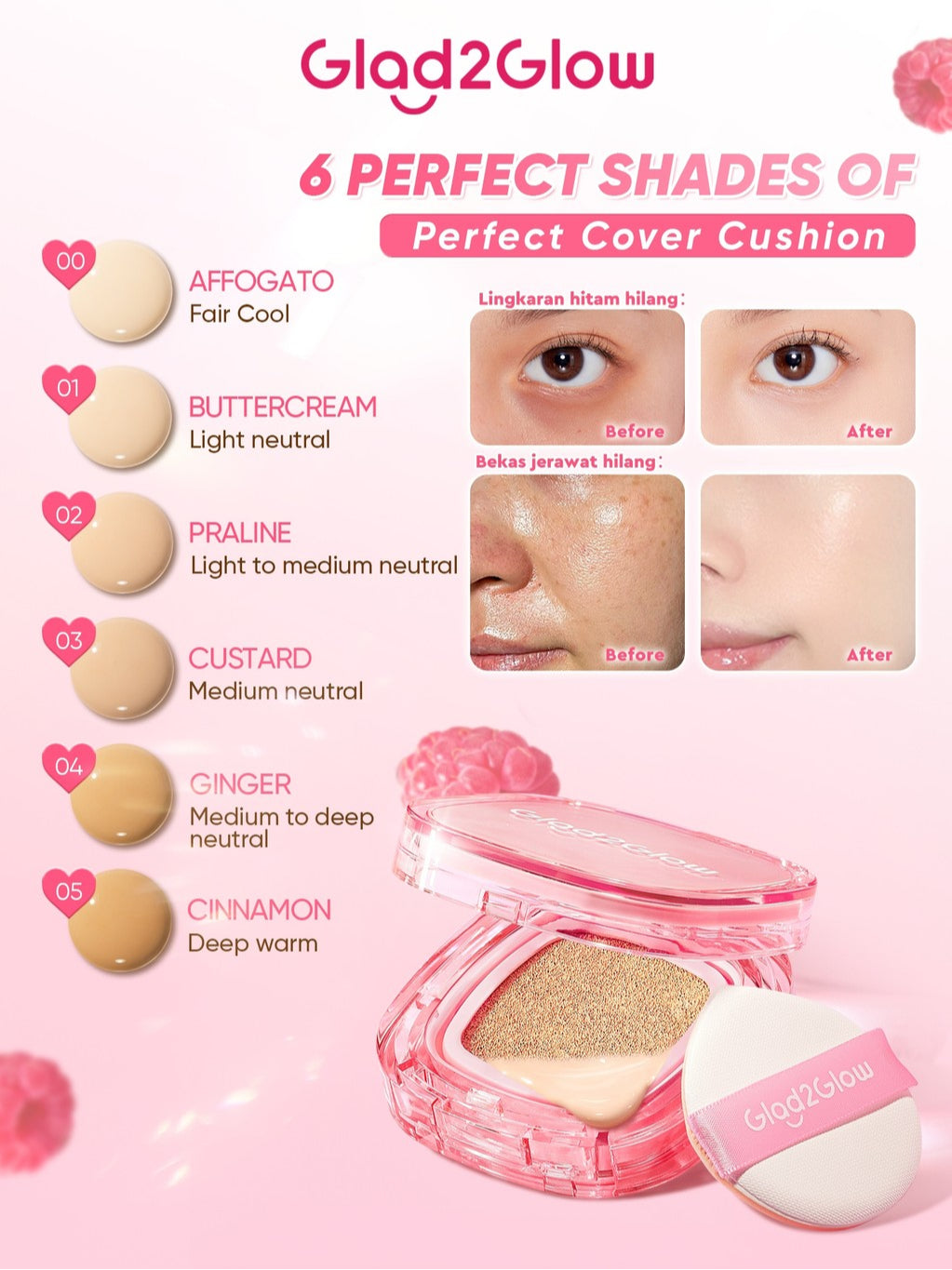 Glad2Glow Perfect Cover Cushion Foundation Waterproof Make Up Setting Concealer BB Cream Tahan Lama Hingga 12 Jam Hasil Akhir Glowing Dan Menyatu Dengan Warna Kulit Tekstur Ringan Di Wajah Full Coverage Velvet To Matte g2glow official store