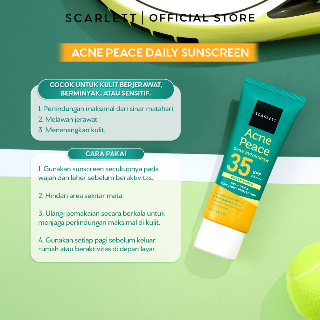 SCARLETT Acne Peace Daily Sunscreen SPF 35 PA++++ – Sunscreen Kulit Berjerawat , Teruji In Vivo , Non Acnegenic Tested , Non Comedogenic Tested, Melawan Jerawat