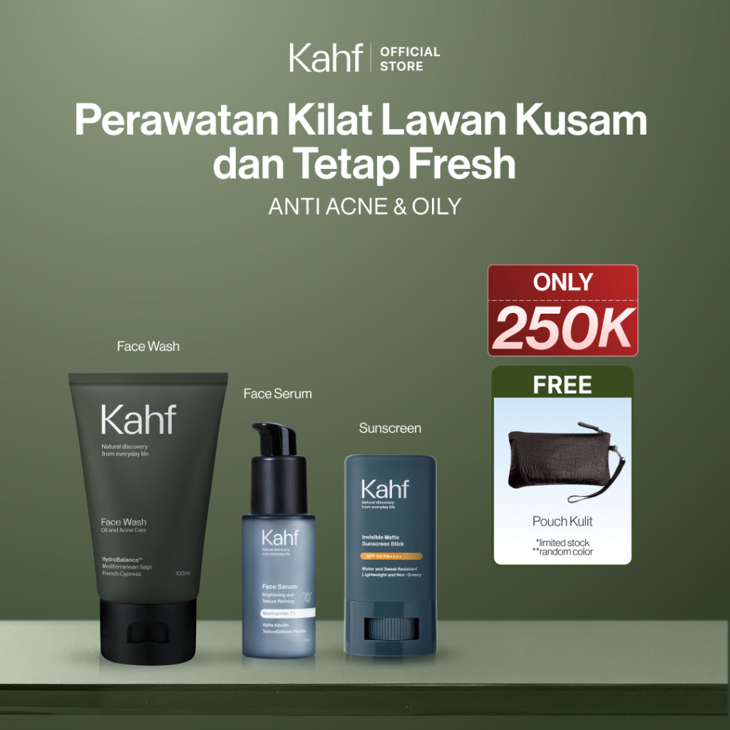 [KAHF BUNDLE 3IN1 PAKET PERAWATAN WAJAH : SKINCARE HEMAT WAKTU UNTUK COWOK YANG MAU BEBAS KUSAM] Paket Perawatan Kilat Lawan Kusam & Tetap Fresh (Face Wash + Serum + Sunscreen Stick) - Suitable for Daily Use