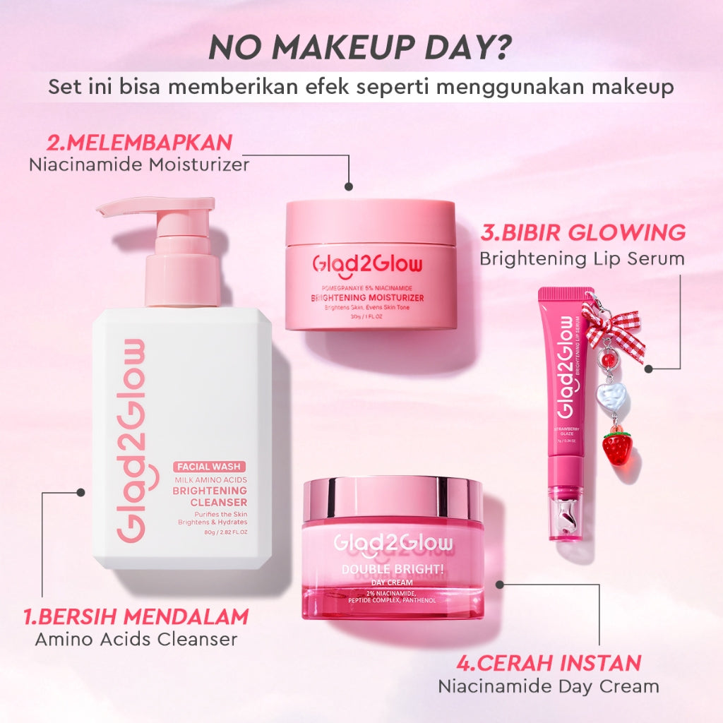 [Cocok Untuk Pemula] Glad2Glow Tone up Set Cerah Glowing  Bundle 4in1-Brightening Moisturizer+Cleanser+day cream+Lip serum+10%Niacinamide skincare paket pembersih perawatan kulit mencerahkan warna kulit pelembab wajah all in 1g2glow official store