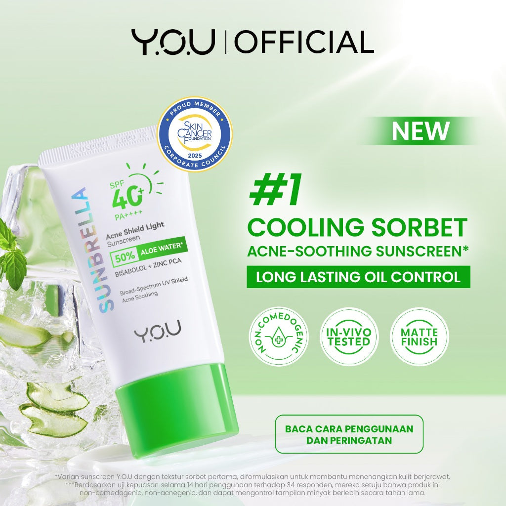 [NEW] YOU Sunbrella Acne Shield Light Sunscreen SPF40+ PA++++ | Tabir Surya Oil Control untuk Kulit Berjerawat | Sensitive Acne Skin Friendly | UVA UVB Blue Light