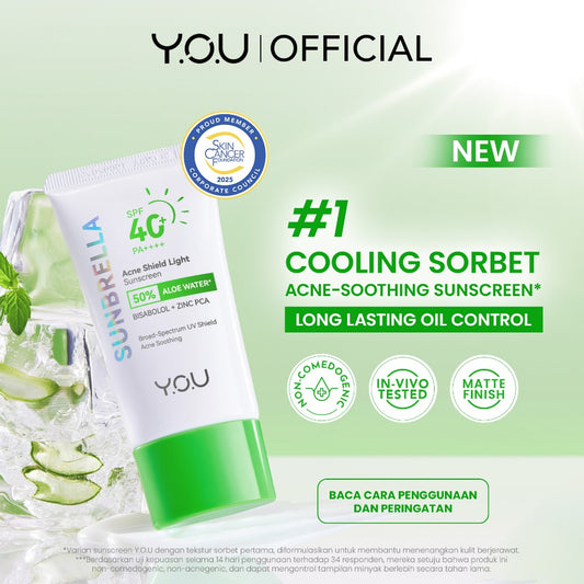 [NEW] YOU Sunbrella Acne Shield Light Sunscreen SPF40+ PA++++ | Tabir Surya Oil Control untuk Kulit Berjerawat | Sensitive Acne Skin Friendly | UVA UVB Blue Light