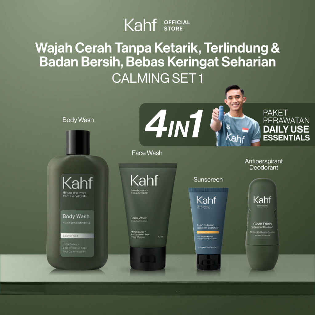 [PAKET CHAMPION RACING CARE - KAHF BUNDLE 4IN1 PAKET PERAWATAN DAILY USE ESSENTIALS : WAJAH CERAH & BADAN ANTI BAU] Paket Personal Care (Face Wash + Sunscreen Moisturizer + Body Wash + Deodorant) - Suitable for Daily Use