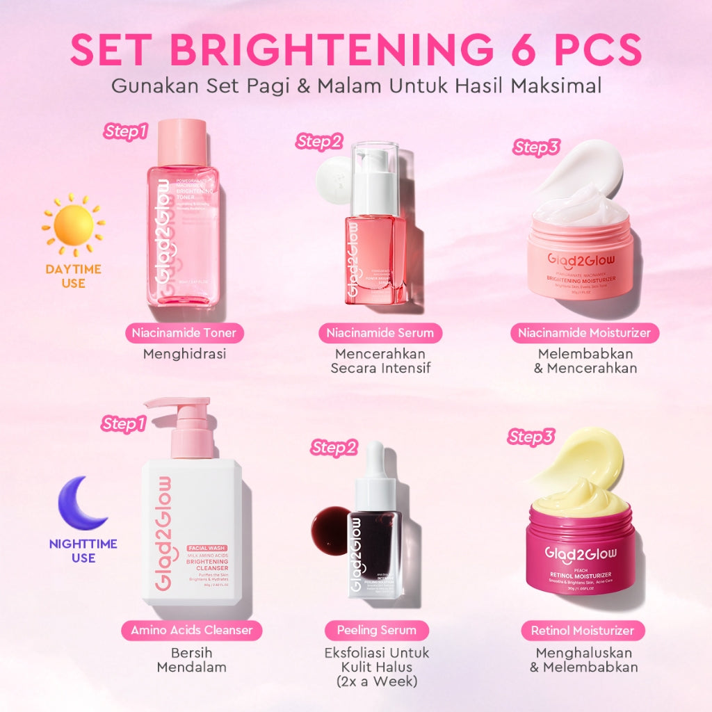 [Cocok Untuk Pemula] Glad2Glow Cerah Glowing Bundle all in 1 7in1-Brightening Moisturizer+Serum+Cleanser+toner+Peeling solution+Retinol 10%Niacinamide skincare paket pembersih perawatan kulit mencerahkan warna kulit pelembab wajah g2glow official store