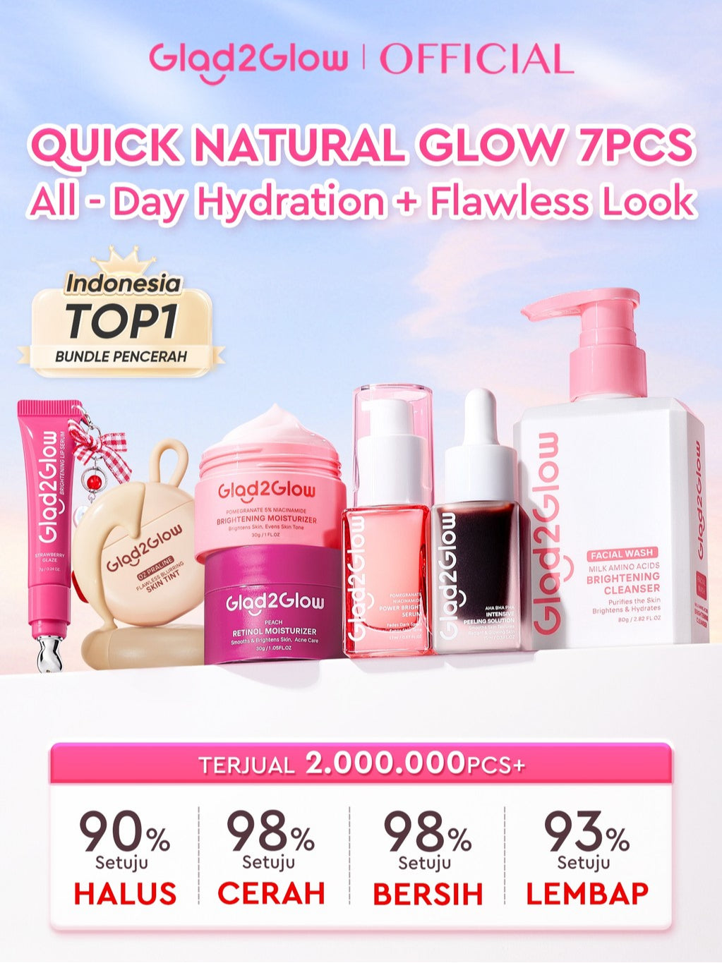 [Cocok Untuk Pemula] Glad2Glow Cerah Glowing Bundle all in 1 7in1-Brightening Moisturizer+Serum+Cleanser+toner+Peeling solution+Retinol 10%Niacinamide skincare paket pembersih perawatan kulit mencerahkan warna kulit pelembab wajah g2glow official store