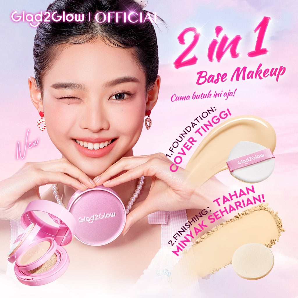 Glad2Glow 2in1 Perfect Pair Cushion Powder Foundation Waterproof Make Up Setting BB Cream Concealer Foundation bedak padat Wajah Extract Mencerahkan Cover Tinggi  long lasting Tahan 12Jam tahan lama Velvet To Matte skin tint wanita g2glow official store