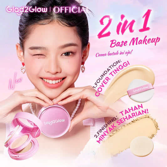 Glad2Glow 2in1 Perfect Pair Cushion Powder Foundation Waterproof Make Up Setting BB Cream Concealer Foundation bedak padat Wajah Extract Mencerahkan Cover Tinggi  long lasting Tahan 12Jam tahan lama Velvet To Matte skin tint wanita g2glow official store
