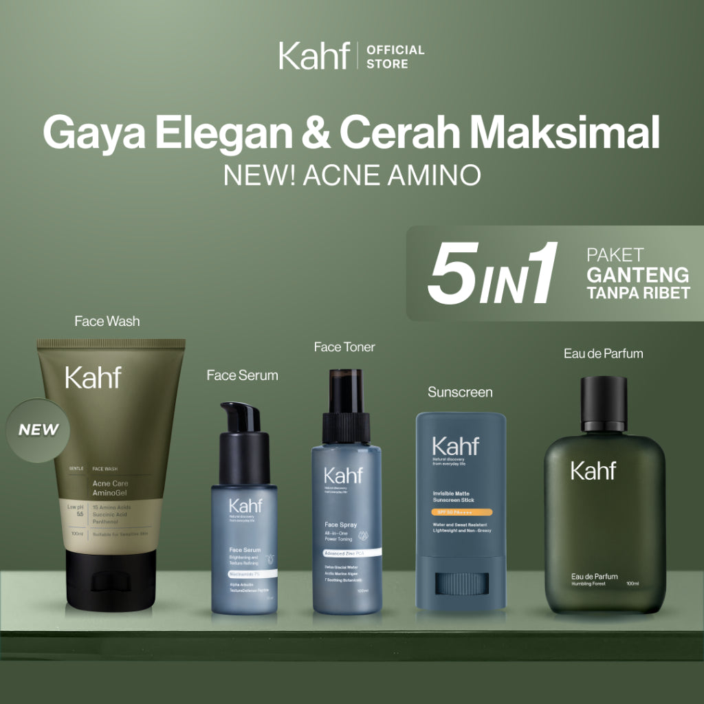[KAHF BUNDLE 5IN1 PAKET GANTENG TANPA RIBET : GAYA ELEGAN & CERAH MAKSIMAL] Paket Complete Set (Face Wash + Toner + Serum + Sunscreen Stick + Eau de Toilette) - Suitable for Daily Use