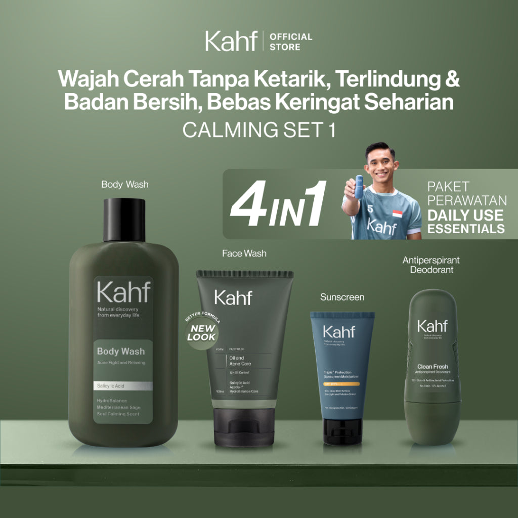 [SPECIAL 11.11 : KAHF BUNDLE 4IN1 PAKET PERAWATAN DAILY USE ESSENTIALS] Paket Personal Care (Face Wash + Sunscreen Moisturizer + Body Wash + Deodorant) - Wajah Cerah Tanpa Ketarik, Terlindungi, Badan Bersih, & Bebas Keringat - Suitable for Daily Use