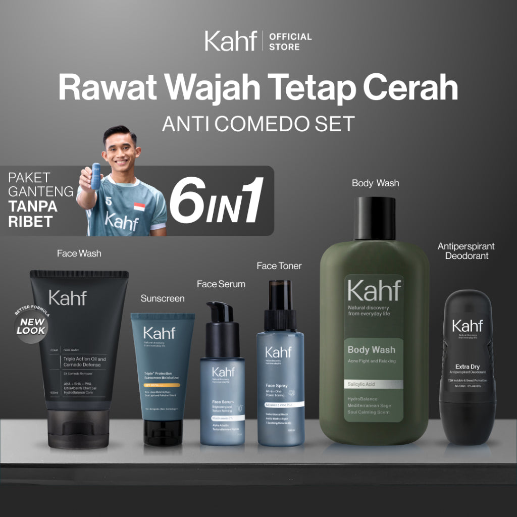 [SPECIAL 11.11 : KAHF BUNDLE 6IN1 PAKET GANTENG TANPA RIBET] Paket Complete Set (Face Wash + Toner + Serum + Sunscreen Moisturizer + Body Wash + Deodorant) - Rawat Wajah Tetap Cerah & Tanpa Jerawat - Suitable for Daily Use