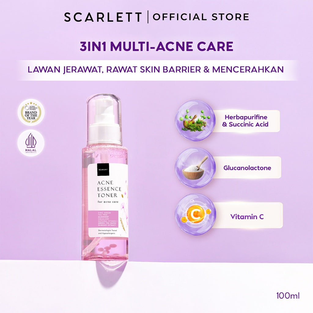 Scarlett Whitening Acne Essence Toner - Toner Ringan Wajah Penghilang & Perawatan Jerawat Ampuh Atasi Hingga Bekasnya with Double Action Salicylic Acid tanpa Bikin Kulit Iritasi