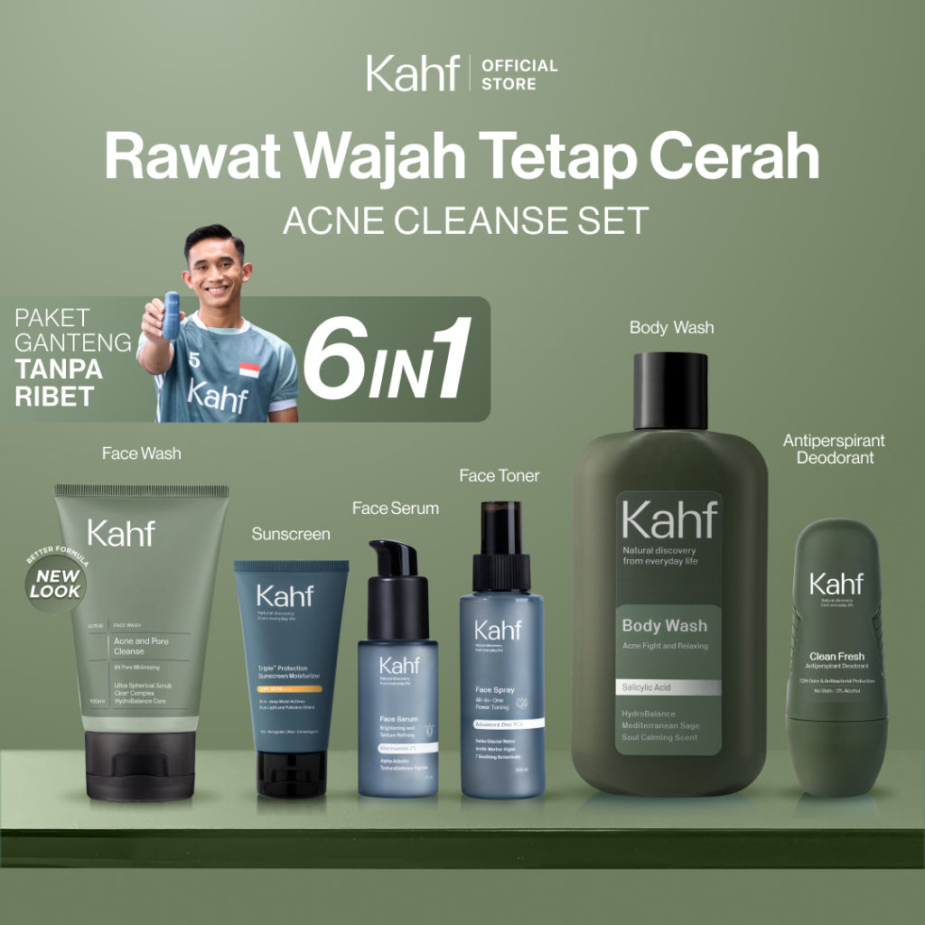 [SPECIAL 11.11 : KAHF BUNDLE 6IN1 PAKET GANTENG TANPA RIBET] Paket Complete Set (Face Wash + Toner + Serum + Sunscreen Moisturizer + Body Wash + Deodorant) - Rawat Wajah Tetap Cerah & Tanpa Jerawat - Suitable for Daily Use