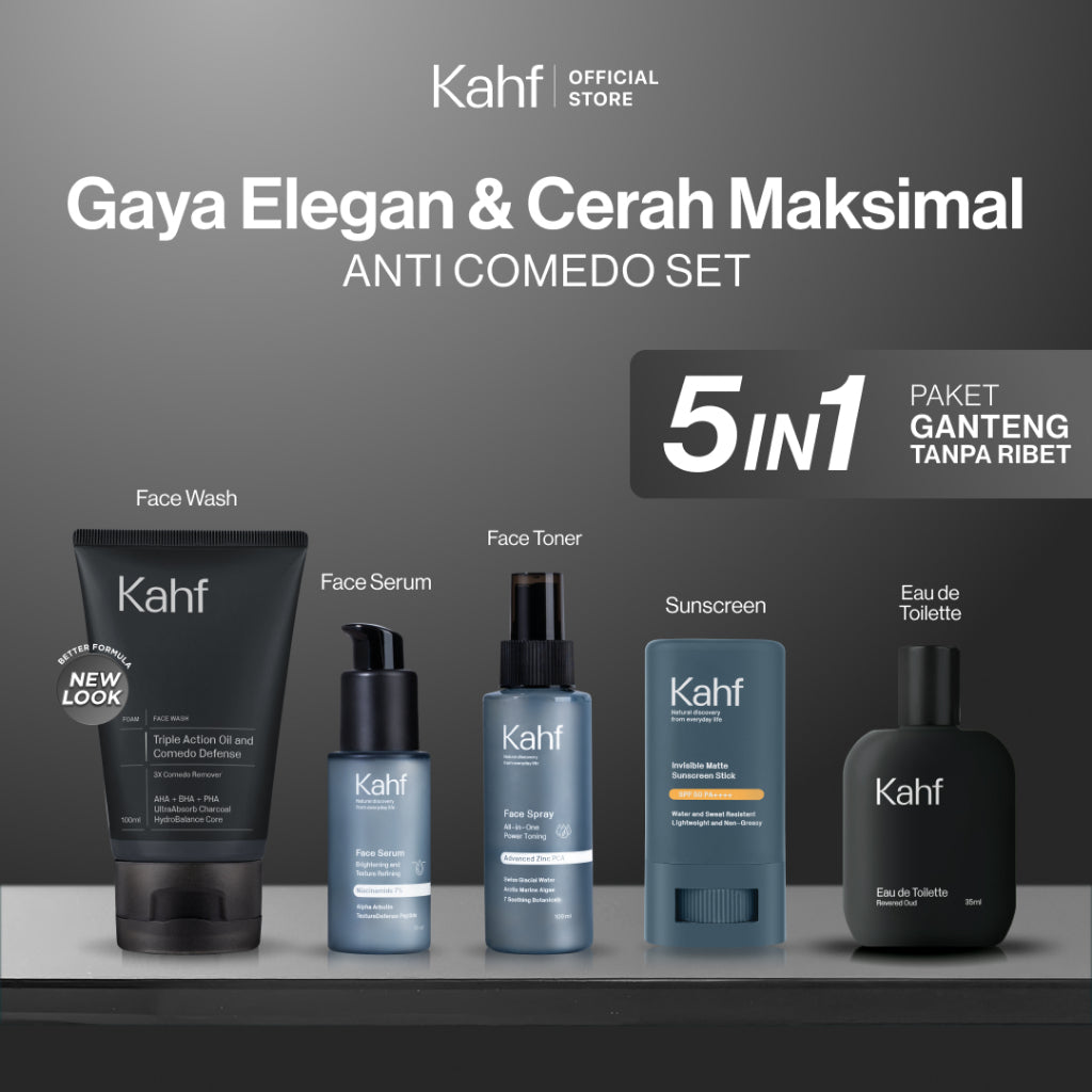 [KAHF BUNDLE 5IN1 PAKET GANTENG TANPA RIBET : GAYA ELEGAN & CERAH MAKSIMAL] Paket Complete Set (Face Wash + Toner + Serum + Sunscreen Stick + Eau de Toilette) - Suitable for Daily Use