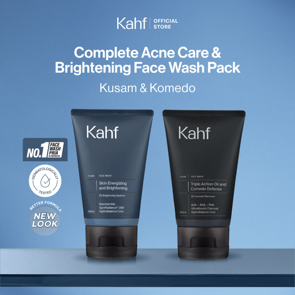 [SPECIAL 11.11 : B2G5 - KAHF BUNDLE 2IN1 PAKET FACIAL WASH] Complete Acne Care & Brightening Face Wash Pack 100 ml isi 2 pcs - Wajah Glowing, Cerah, Anti Ketarik, & Bebas Kusam - Bundle Perawatan Wajah Pria - Kombinasi Sabun Cuci Muka Sesuai Kondisi Kulit