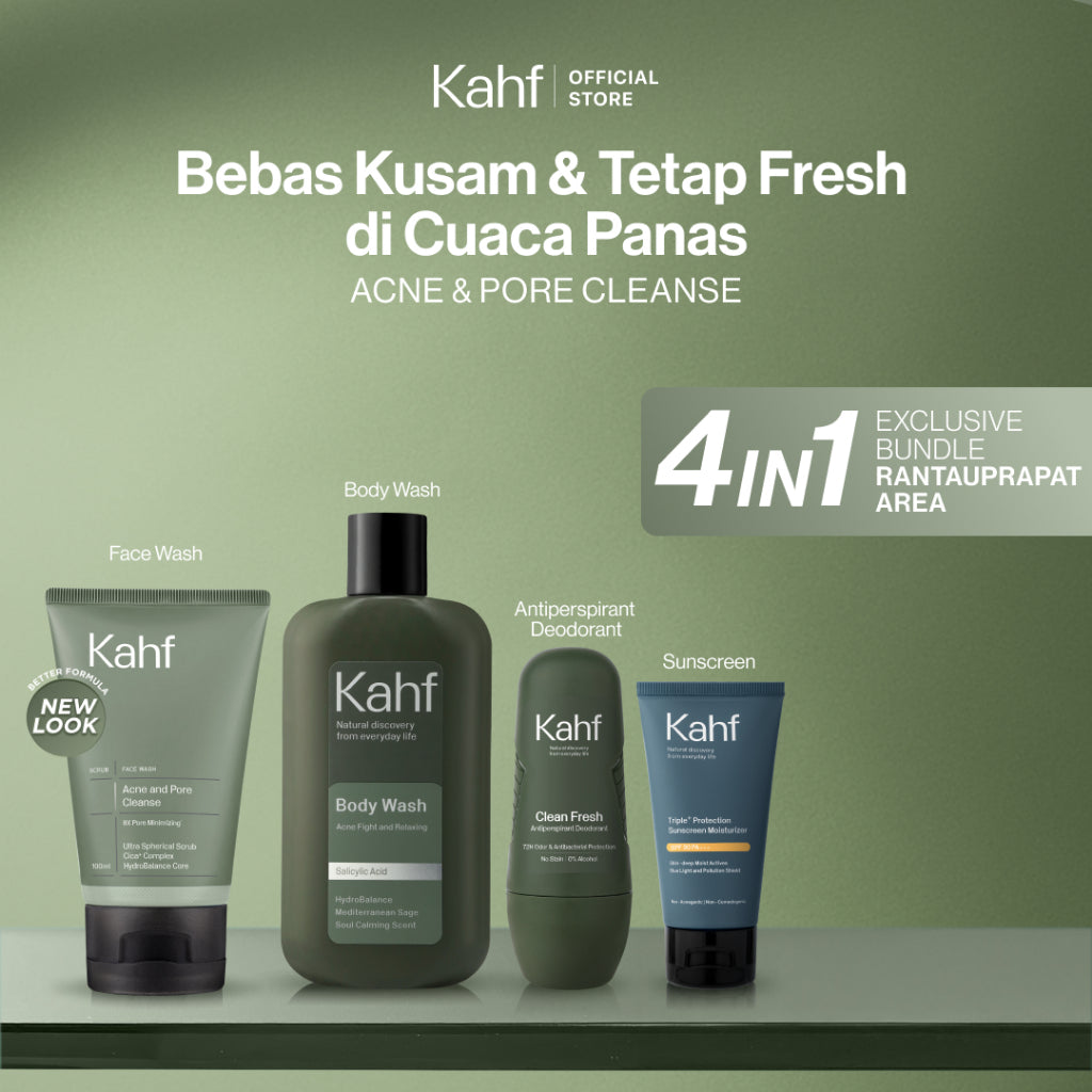 [EXCLUSIVE BUNDLE FOR RANTAUPRAPAT AREA] Kahf 4in1 Paket Bebas Kusam & Tetap Fresh di Cuaca Panas (Face Wash + Sunscreen + Deodorant + Body Wash) - Suitable for Daily Use