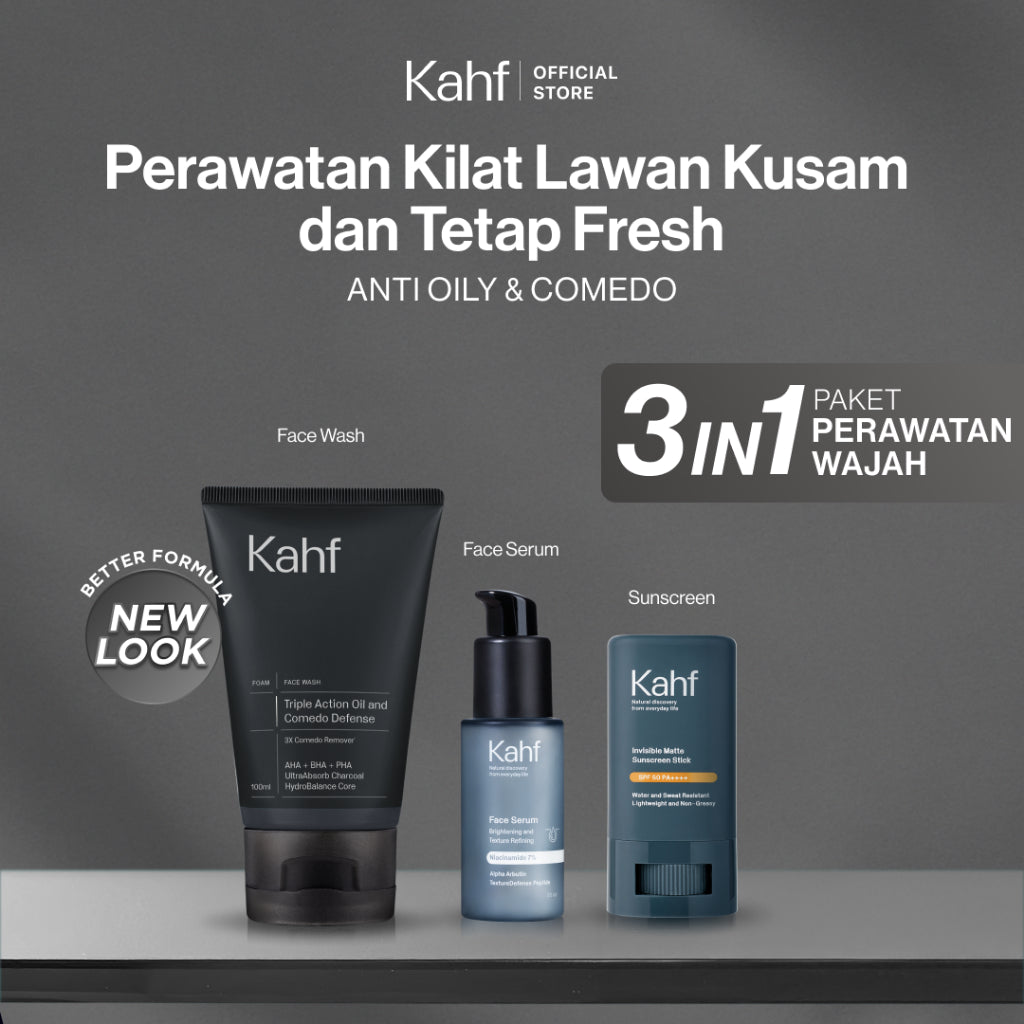 [KAHF BUNDLE 3IN1 PAKET PERAWATAN WAJAH : SKINCARE HEMAT WAKTU UNTUK COWOK YANG MAU BEBAS KUSAM] Paket Perawatan Kilat Lawan Kusam & Tetap Fresh (Face Wash + Serum + Sunscreen Stick) - Suitable for Daily Use