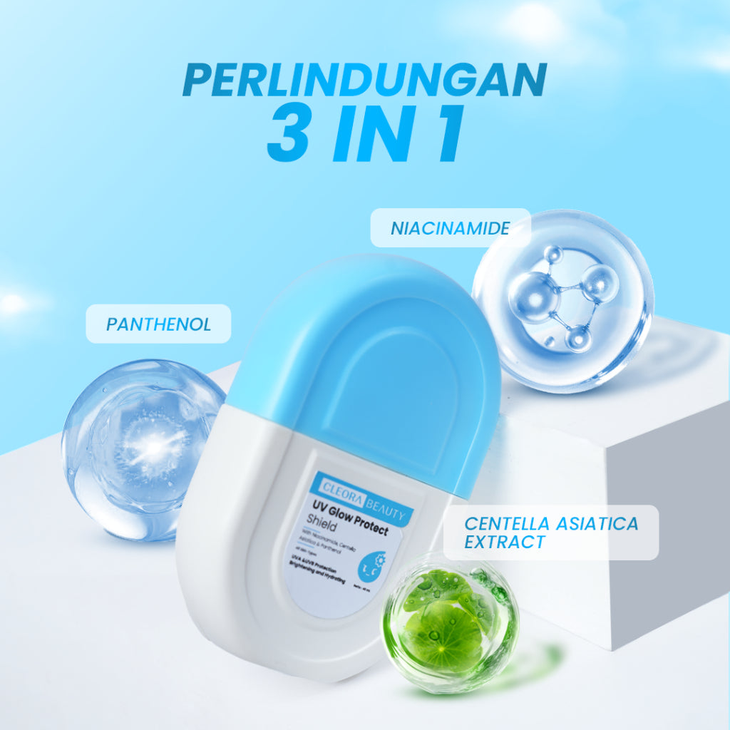 [SPECIAL OFFER] Cleora UV Glow Protect Shield - Sunscreen With Niacinamide Brightening Whitening Skincare Wajah Membantu Mencerahkan & Melembabkan Mudah Meresap Calming Lightening Suncreen Scincare Acne Melindungi Kulit Dari Sinar UVA UVB Untuk All Skin