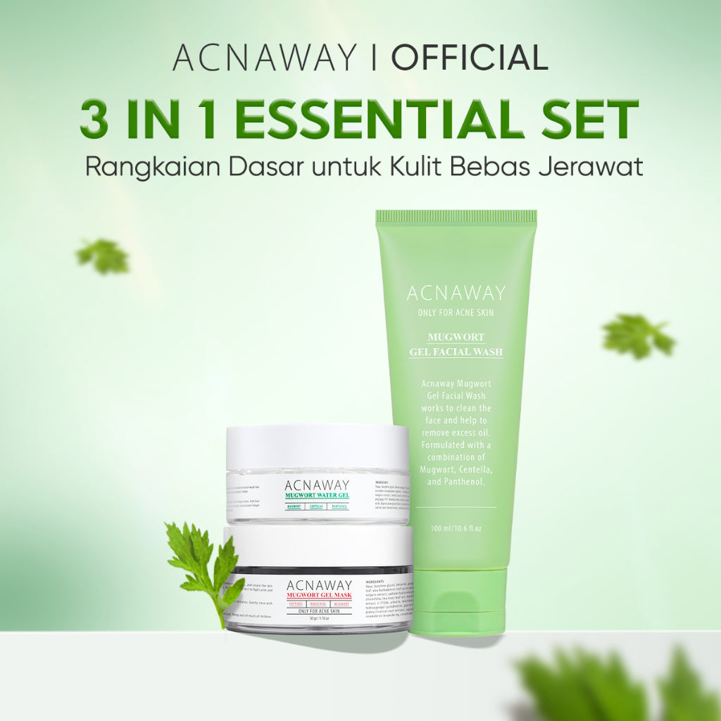 ACNAWAY Bundle 3 in 1 Essential Set - Mugwort Gel Mask + Mugwort Water Gel + Mugwort Gel Face Wash Paket Skincare Daily untuk Kulit Berjerawat facial wash cleanser moisturizer gel moist cream acne spot acne treatment gel mask masker
