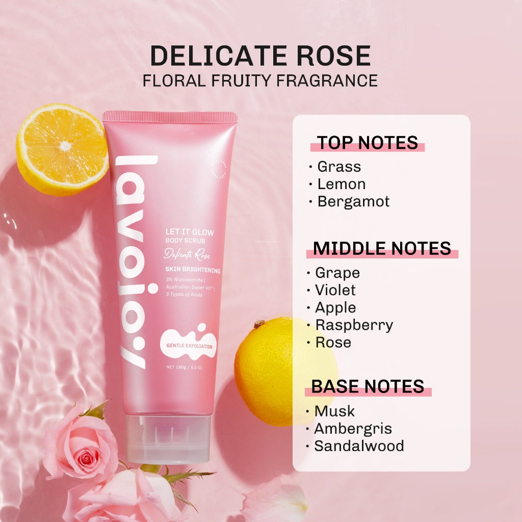 [NEW LAUNCH] Lavojoy Let It Glow Body Scrub DELICATE ROSE 180ML | Body Scrub Untuk Mencerahkan & Meratakan Warna Kulit Dengan 3% Niacinamide + Australian Super VC | Dual-Action Exfoliation Menghasilkan Kulit Yang Lebih Halus Dan Lembut