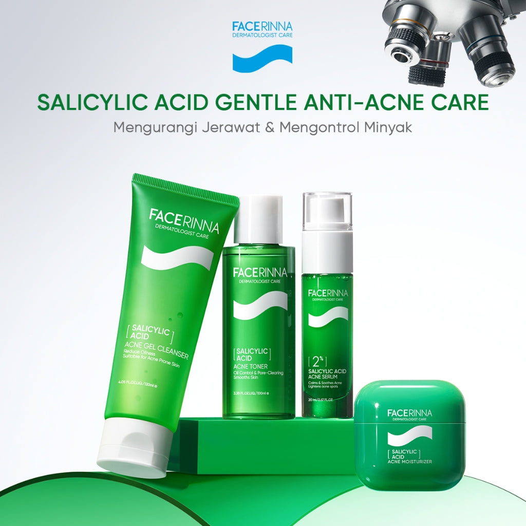 FACERINNA Complete Acne Solution 3pcs / 4pcs Skincare Set | Moisturizer + Serum + Toner + Cleanser | Anti Jerawat Acne Treatment Menghilangkan Bekas Jerawat Kulit Beruntusan Mencegah Jerawat Datang Lagi Calms Acnes & Prevents Breakout With Salicylic Acid