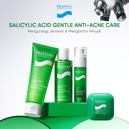 FACERINNA Complete Acne Solution 3pcs / 4pcs Skincare Set | Moisturizer + Serum + Toner + Cleanser | Anti Jerawat Acne Treatment Menghilangkan Bekas Jerawat Kulit Beruntusan Mencegah Jerawat Datang Lagi Calms Acnes & Prevents Breakout With Salicylic Acid