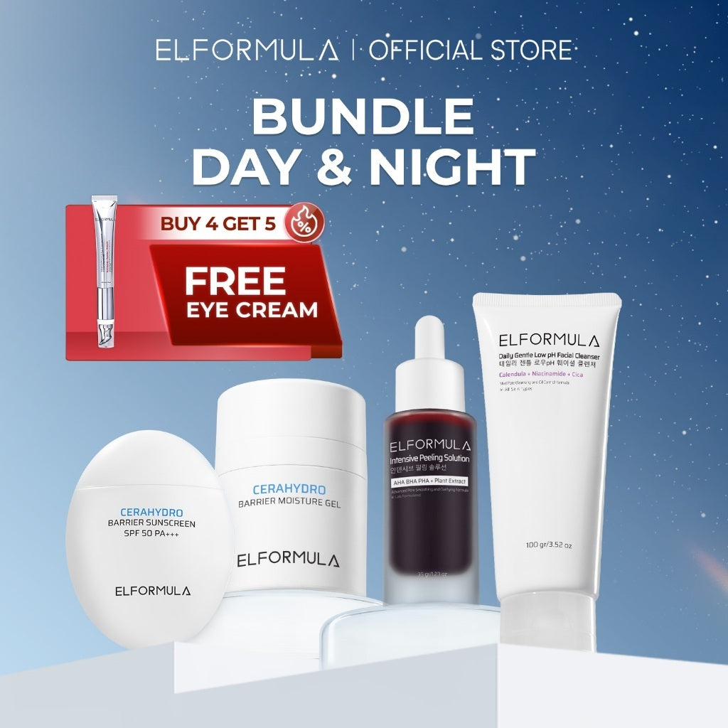 ELFORMULA Day & Night Bundle - Daily Gentle Low pH Facial Cleanser + CeraHydro Barrier Repair Moisture Gel + Intensive Peeling Solution + CeraHydro Barrier Repair Sunscreen SPF 50+++