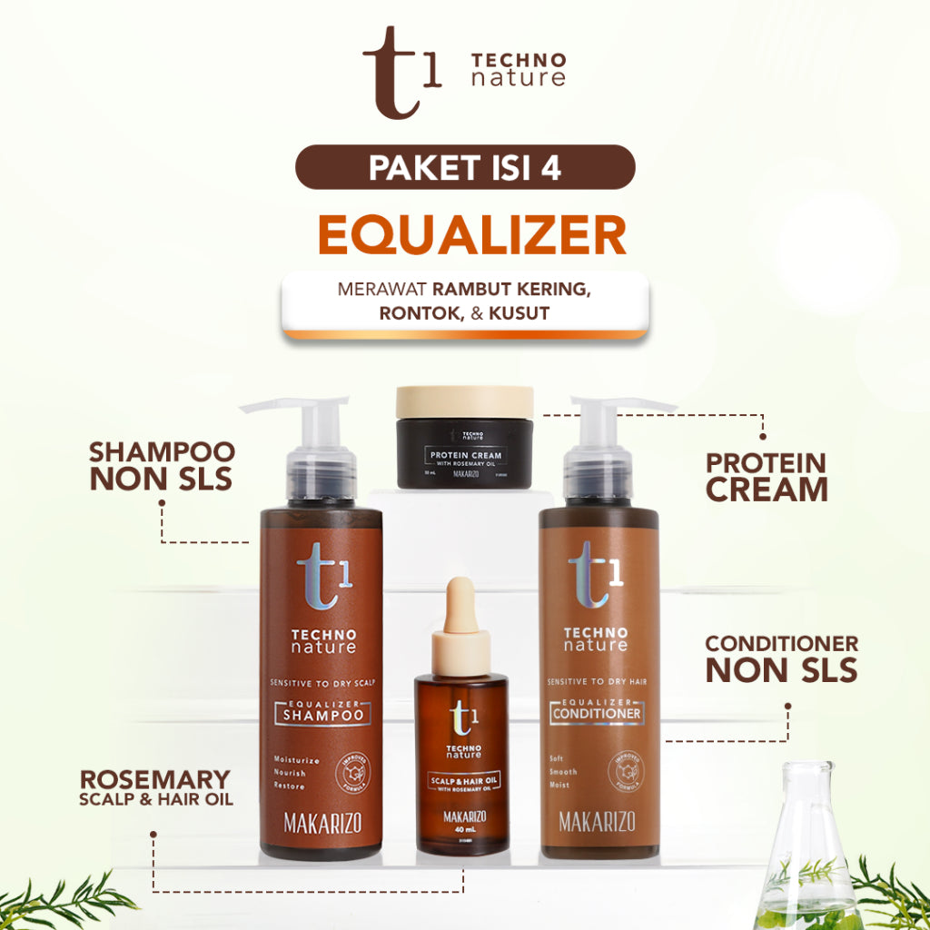 PAKET ISI 4 - Makarizo T1 Techno Nature Rosemary Scalp & Hair Oil 40mL + Equalizer Shampoo & Conditioner 180 mL + Protein Cream 50mL - Shampoo Conditioner Non SLS