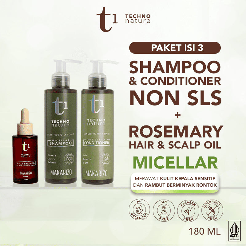PAKET ISI 3 - Makarizo T1 Techno Nature Micellar Shampoo & Conditioner 180 mL + Rosemary Scalp & Hair Oil 40mL