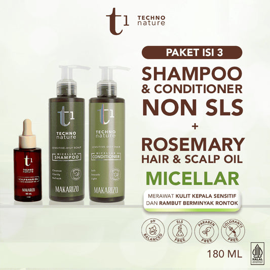 PAKET ISI 3 - Makarizo T1 Techno Nature Micellar Shampoo & Conditioner 180 mL + Rosemary Scalp & Hair Oil 40mL