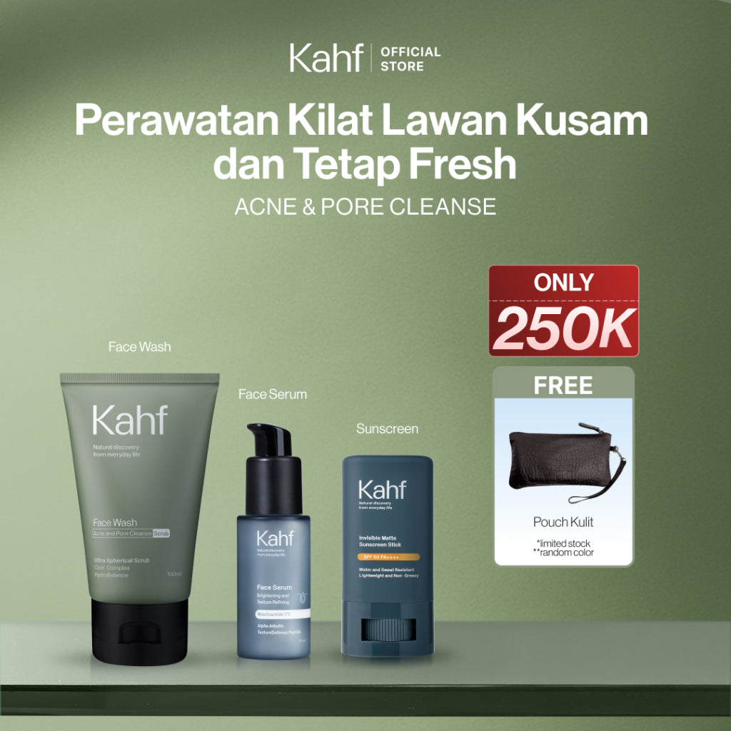 [KAHF BUNDLE 3IN1 PAKET PERAWATAN WAJAH : SKINCARE HEMAT WAKTU UNTUK COWOK YANG MAU BEBAS KUSAM] Paket Perawatan Kilat Lawan Kusam & Tetap Fresh (Face Wash + Serum + Sunscreen Stick) - Suitable for Daily Use