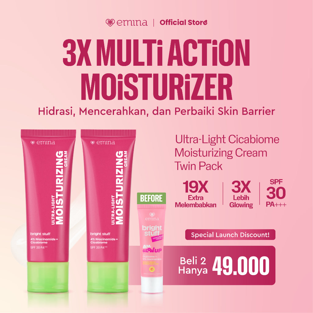 NEW! [Twin Pack] Emina Bright Stuff Ultra-Light Moisturizing Cream 20 ml - Pelembab Wajah Mencerahkan, Mengandung SPF 30 PA+++, Melindungi dari Sinar UV, Melembapkan, Cepat Meresap, Cerah Instan, Menyamarkan Noda Hitam, Cocok untuk Semua Jenis Kulit