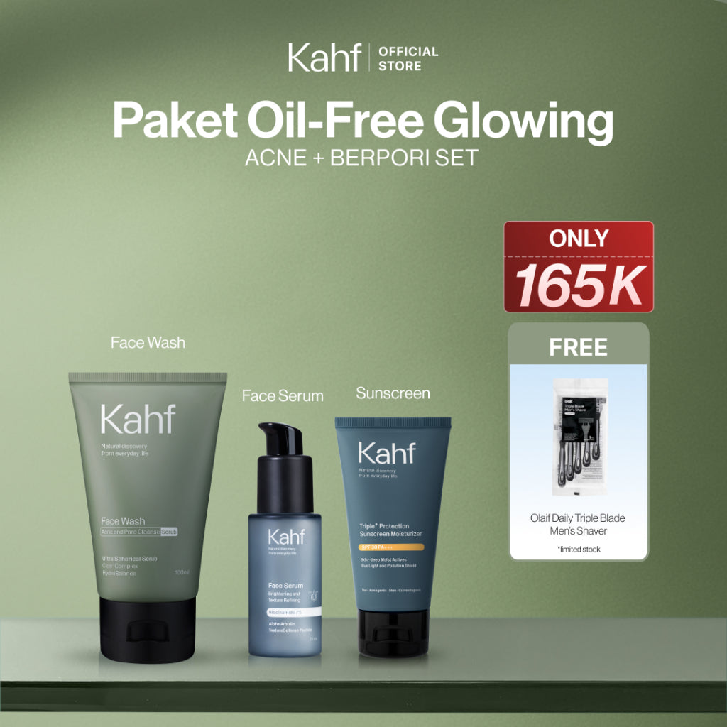 [SPECIAL KAHF DECODE : PAKET PERAWATAN KULIT BERMINYAK BERJERAWAT] Paket Oil-Free Glowing (Face Wash + Serum + Sunscreen) - 3in1 Bundle untuk Membantu Kontrol Minyak, Meredakan Jerawat/Kemerahan, dan Tetap Glowing - Suitable for Daily Use