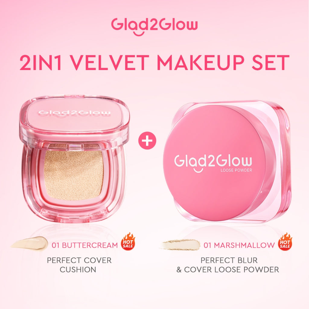 Glad2Glow 2lN1 VELVET MAKEUP SET-LOOSE POWDER+CUSHION Coverage Tinggi Second Skin Flawless Semi Matte Transferproof Tahan Lama instan Blurring Minyak Extract Air Blurry Technology