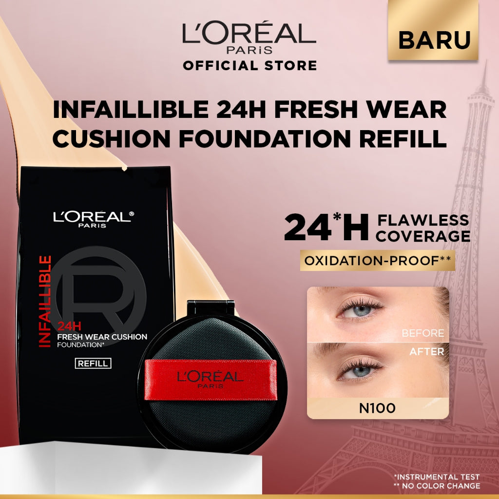[BARU!] L'Oreal Paris Infaillible Cushion Foundation 24H - flawless coverage,  Cushion dengan hasil yang nyaman tersedia dalam 10 shades cocok untuk kulit indonesia.