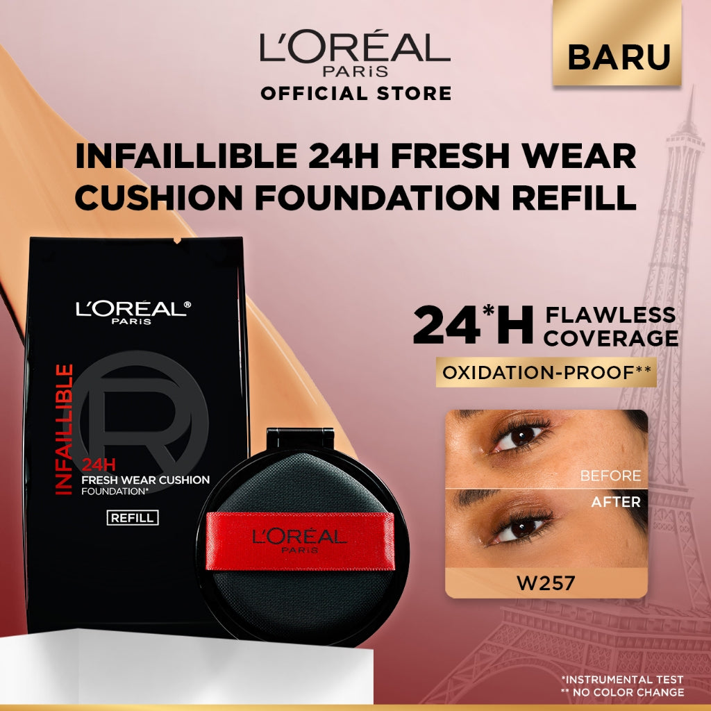 [BARU!] L'Oreal Paris Infaillible Cushion Foundation 24H - flawless coverage,  Cushion dengan hasil yang nyaman tersedia dalam 10 shades cocok untuk kulit indonesia.