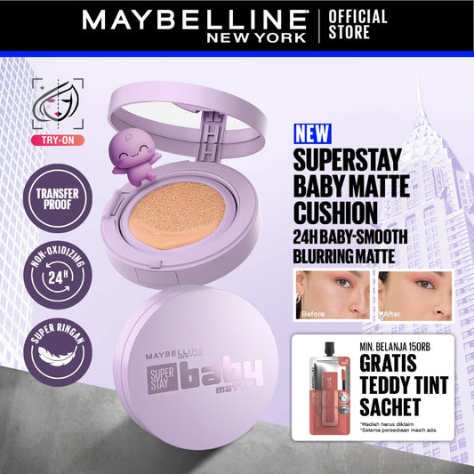 [NEW LAUNCH] NINGNING CHOICE - MAYBELLINE OFFICIAL Superstay Baby Matte Cushion 24H Baby Smooth Blurring Matte Oil Control Full Coverage Refill Transferproof Waterproof Matte Makeup Tidak Transfer Minim Oksidasi Cocok Untuk Kulit Berminyak Kulit Kering