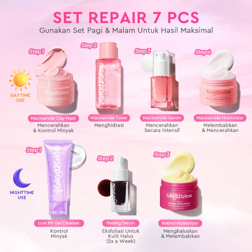 [Cocok Untuk Pemula] Glad2Glow Cerah Glowing Bundle all in 1 7in1-Brightening Moisturizer+Serum+Cleanser+toner+Peeling solution+Retinol 10%Niacinamide skincare paket pembersih perawatan kulit mencerahkan warna kulit pelembab wajah g2glow official store