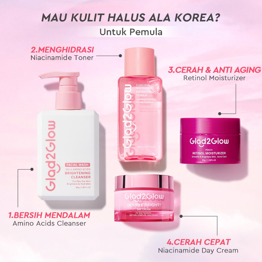 [Cocok Untuk Pemula] Glad2Glow Cerah Retinol Bundle 4in1-Brightening Moisturizer+Serum+Cleanser+toner Retinol  skincare paket pembersih perawatan kulit warna kulit pelembab wajah all in 1g2glow official store
