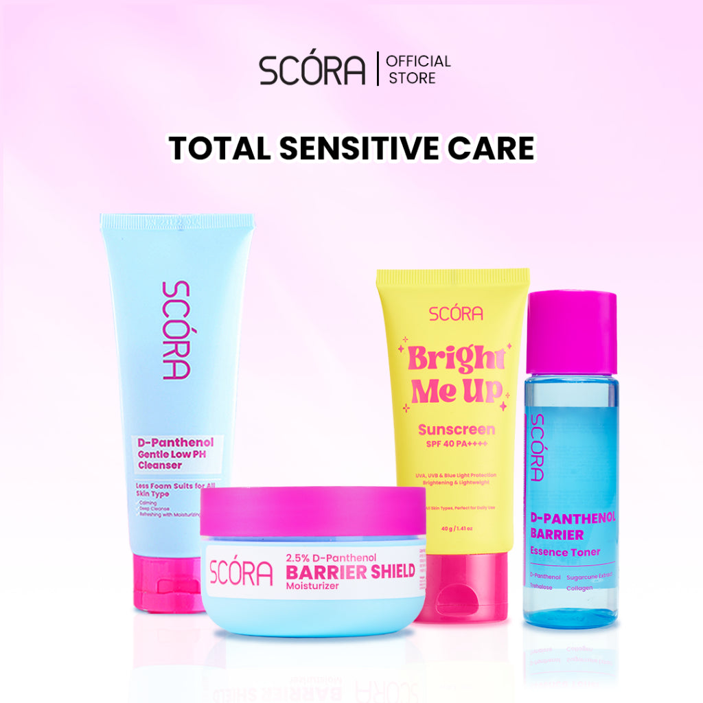 [My Daily Glow Up Set] Scora Bright Me Up Sunscreen 40 Gr + Scora Sheer Glow Tone Up Cream 30 ml + SCORA Moisturizer Gel + SCORA Gentle Low pH Cleanser 100 ML + SCORA Toner 80 ML