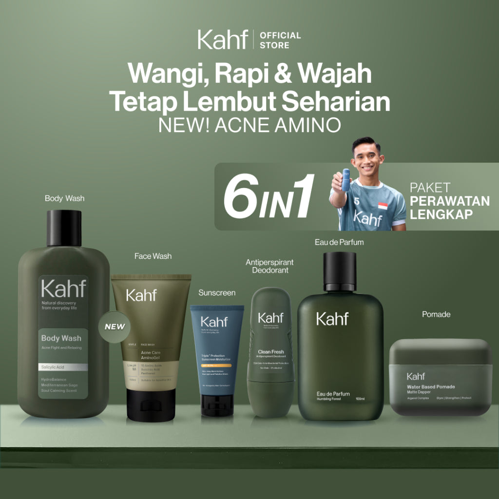 [KAHF BUNDLE 6IN1 PAKET PERAWATAN LENGKAP : WANGI, RAPI, & WAJAH TETAP LEMBUT SEHARIAN] Paket Complete Grooming (Face Wash + Sunscreen Moisturizer + Body Wash + Deodorant + EDT + Pomade/Hair Powder) - Approved by Barber and Suitable for Daily Use