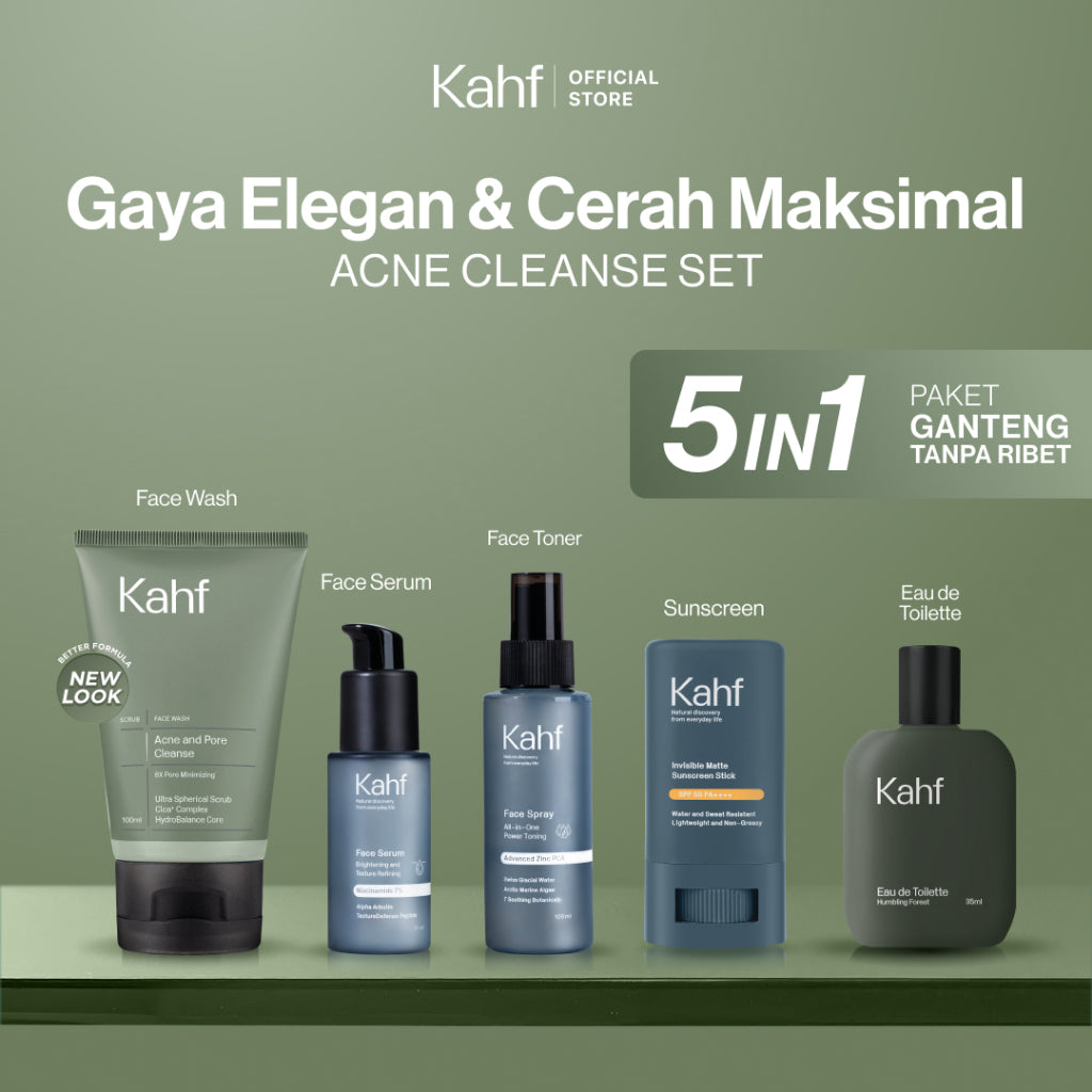[KAHF BUNDLE 5IN1 PAKET GANTENG TANPA RIBET : GAYA ELEGAN & CERAH MAKSIMAL] Paket Complete Set (Face Wash + Toner + Serum + Sunscreen Stick + Eau de Toilette) - Suitable for Daily Use