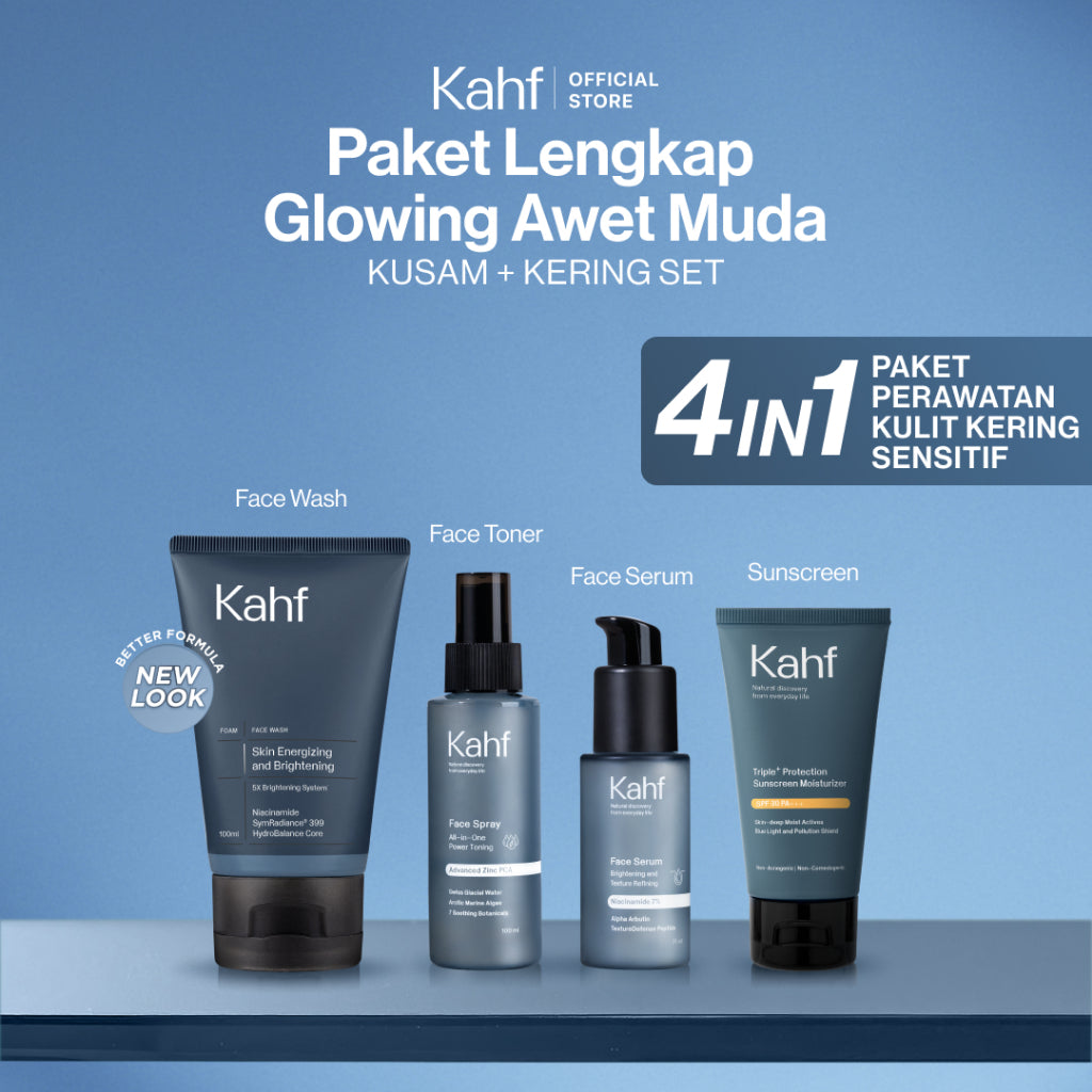 [SPECIAL KAHF DECODE : PAKET PERAWATAN KULIT KERING SENSITIF] Paket Lengkap Glowing Awet Muda (Face Wash + Toner + Serum + Sunscreen) - 4in1 Bundle untuk Melembabkan, Mencerahkan, & Mencegah Penuaan Dini - Suitable for Daily Use