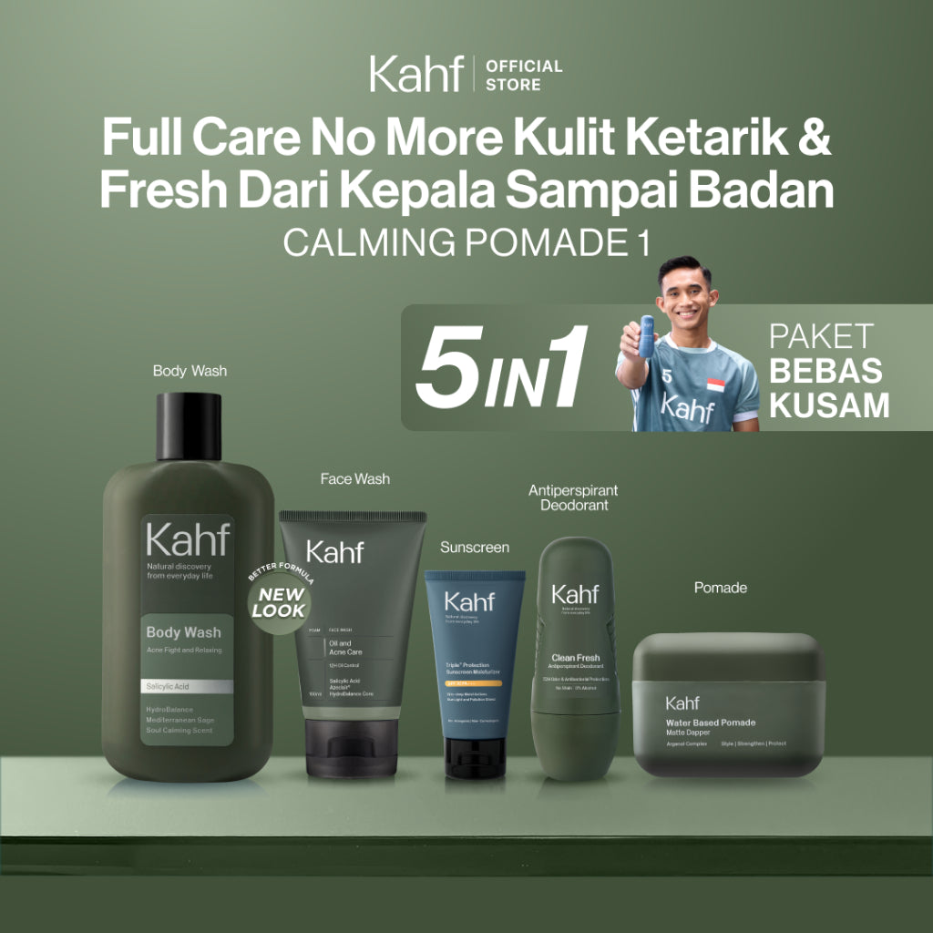[KAHF BUNDLE 5IN1 PAKET BEBAS KUSAM : FULL CARE NO MORE KULIT KETARIK & FRESH DARI KEPALA SAMPAI BADAN] Paket Grooming (Pomade/Hair Powder + Face Wash + Sunscreen Moisturizer + Body Wash + Deodorant) - Suitable for Daily Use