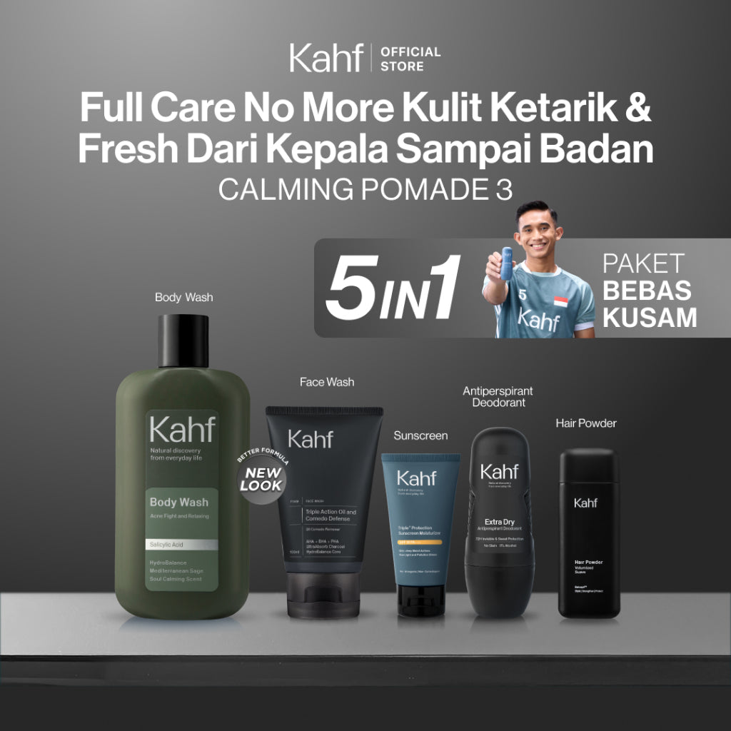 [KAHF BUNDLE 5IN1 PAKET BEBAS KUSAM : FULL CARE NO MORE KULIT KETARIK & FRESH DARI KEPALA SAMPAI BADAN] Paket Grooming (Pomade/Hair Powder + Face Wash + Sunscreen Moisturizer + Body Wash + Deodorant) - Suitable for Daily Use