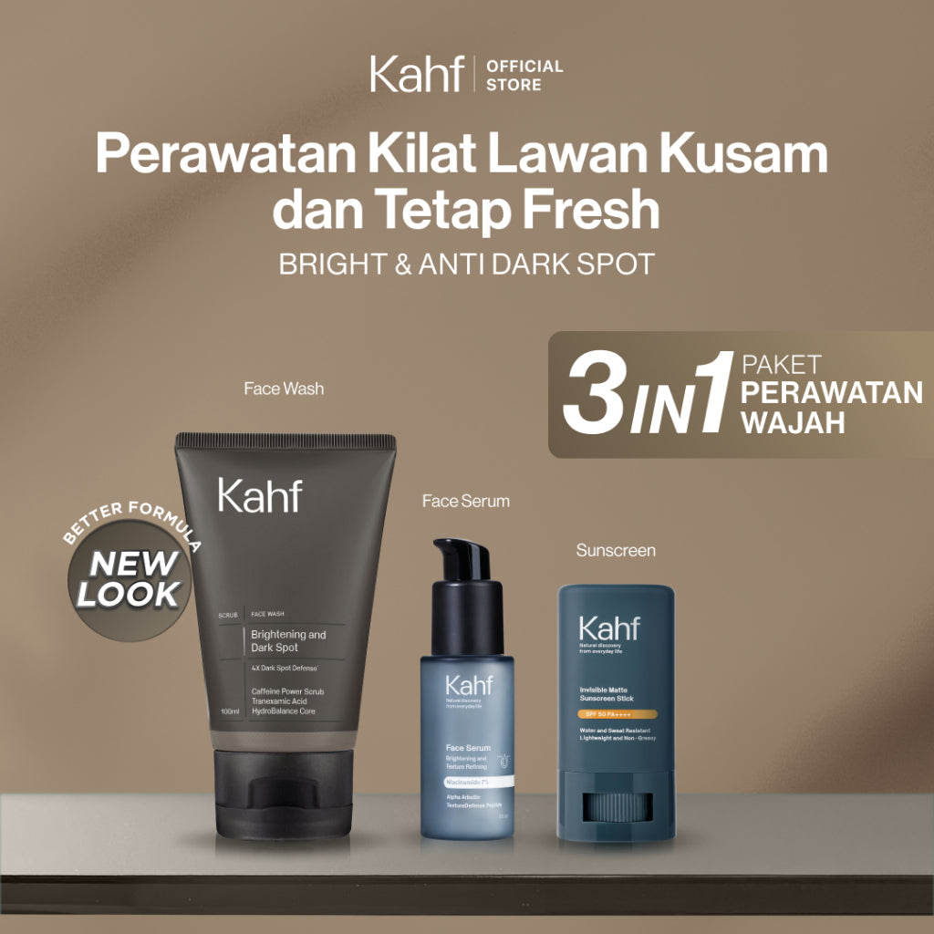 [KAHF BUNDLE 3IN1 PAKET PERAWATAN WAJAH : SKINCARE HEMAT WAKTU UNTUK COWOK YANG MAU BEBAS KUSAM] Paket Perawatan Kilat Lawan Kusam & Tetap Fresh (Face Wash + Serum + Sunscreen Stick) - Suitable for Daily Use