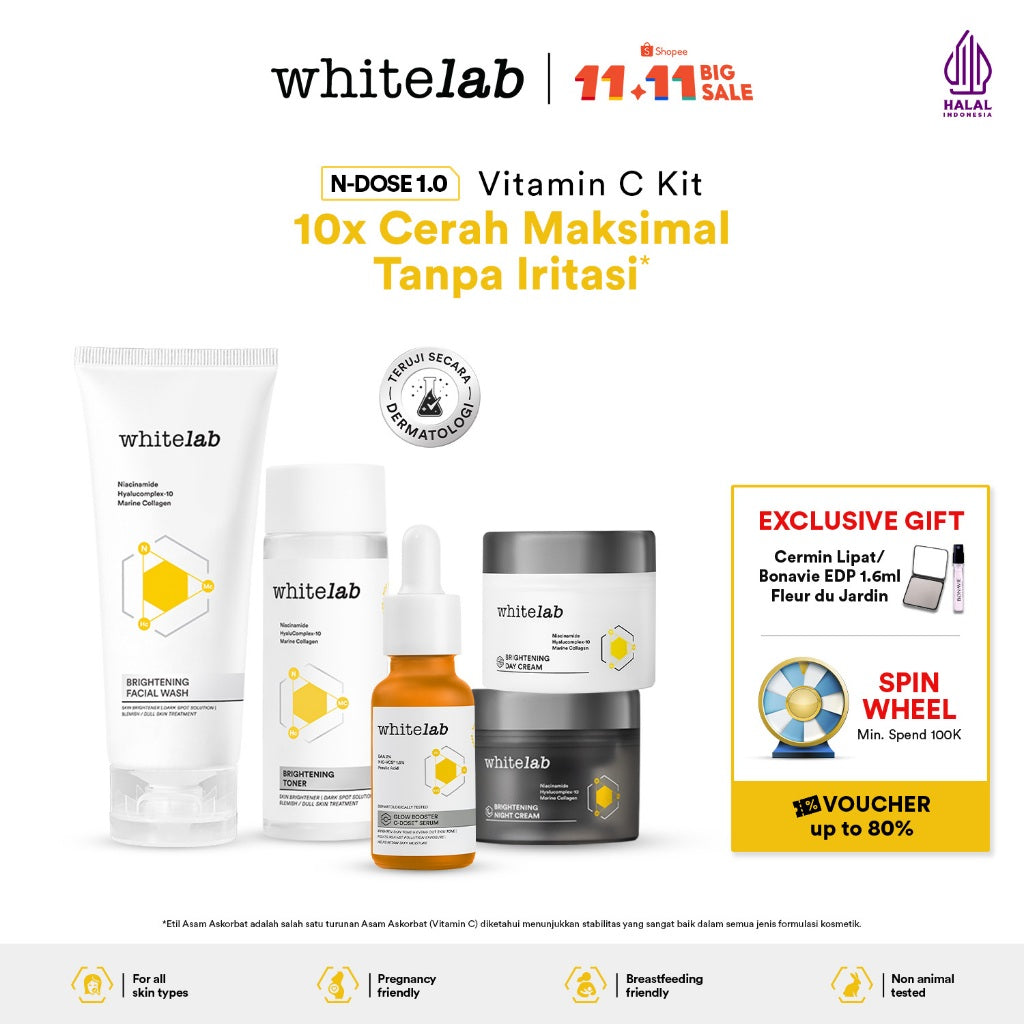 Whitelab Paket Wajah Brightening Niacinamide Facial Wash, Toner, Serum, Day & Night Moisturizer - 5 pcs N-Dose+ 2.0 Skincare