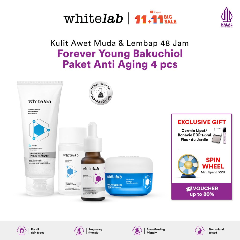 Whitelab 4 pcs Anti Aging Series - Facial Cleanser, Essence Toner, Serum, Moisturizer Paket Skincare