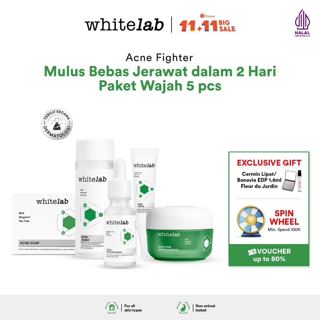Whitelab 5 pcs Paket Acne Lengkap - Facial Wash, Toner, Serum, Moisturizer, Acne Cream Paket Skincare